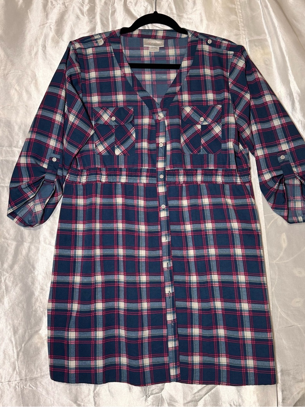 Oh Mamma Maternity Tunic Size L Blue/pink Plaid With 3/4 Sleeves